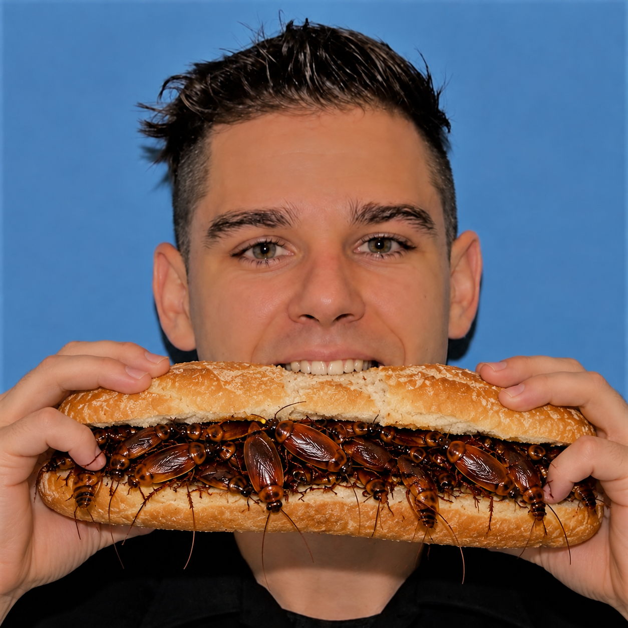An edited portrait with a cockroach-filled sub sandwich